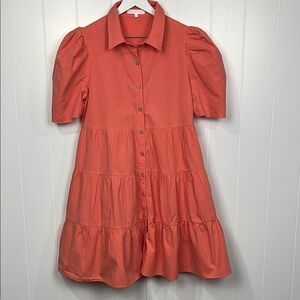 Ces Femme Womens Mini Dress S Tangerine Puff Sleeves Button Down Pockets Collar